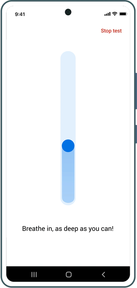 Reactive animation & audio matches a patient's breath and cues them through the spirometry tests.